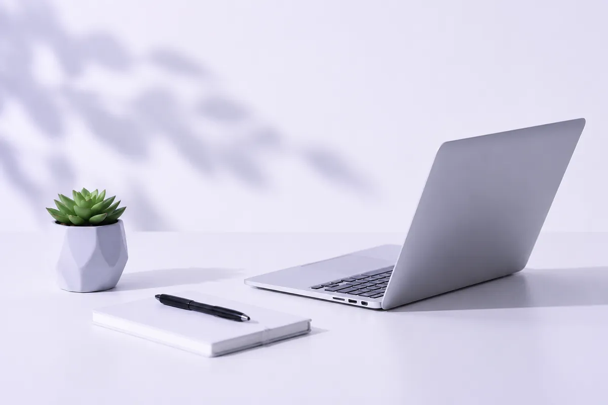 Bureau calme avec ordinateur portable, carnet et plante