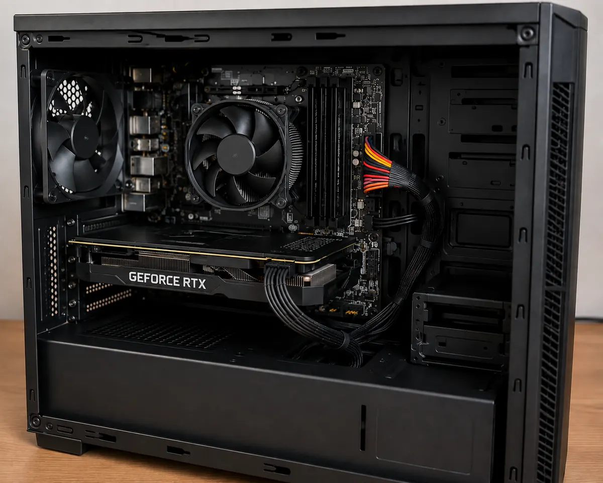 Intérieur du PC nettoyé, poussière retirée, ventilateurs et carte graphique propres