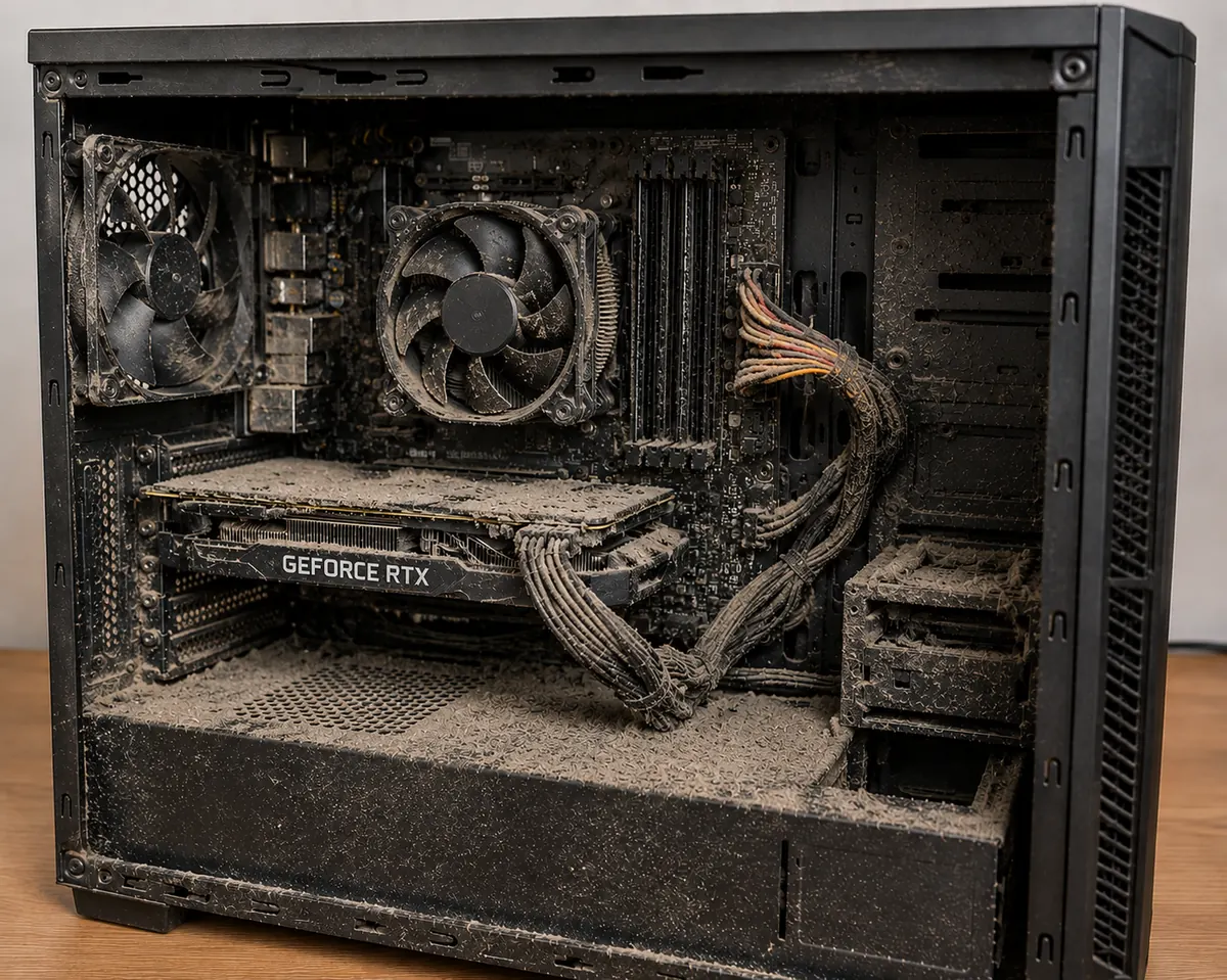 Intérieur du PC couvert de poussière avant nettoyage